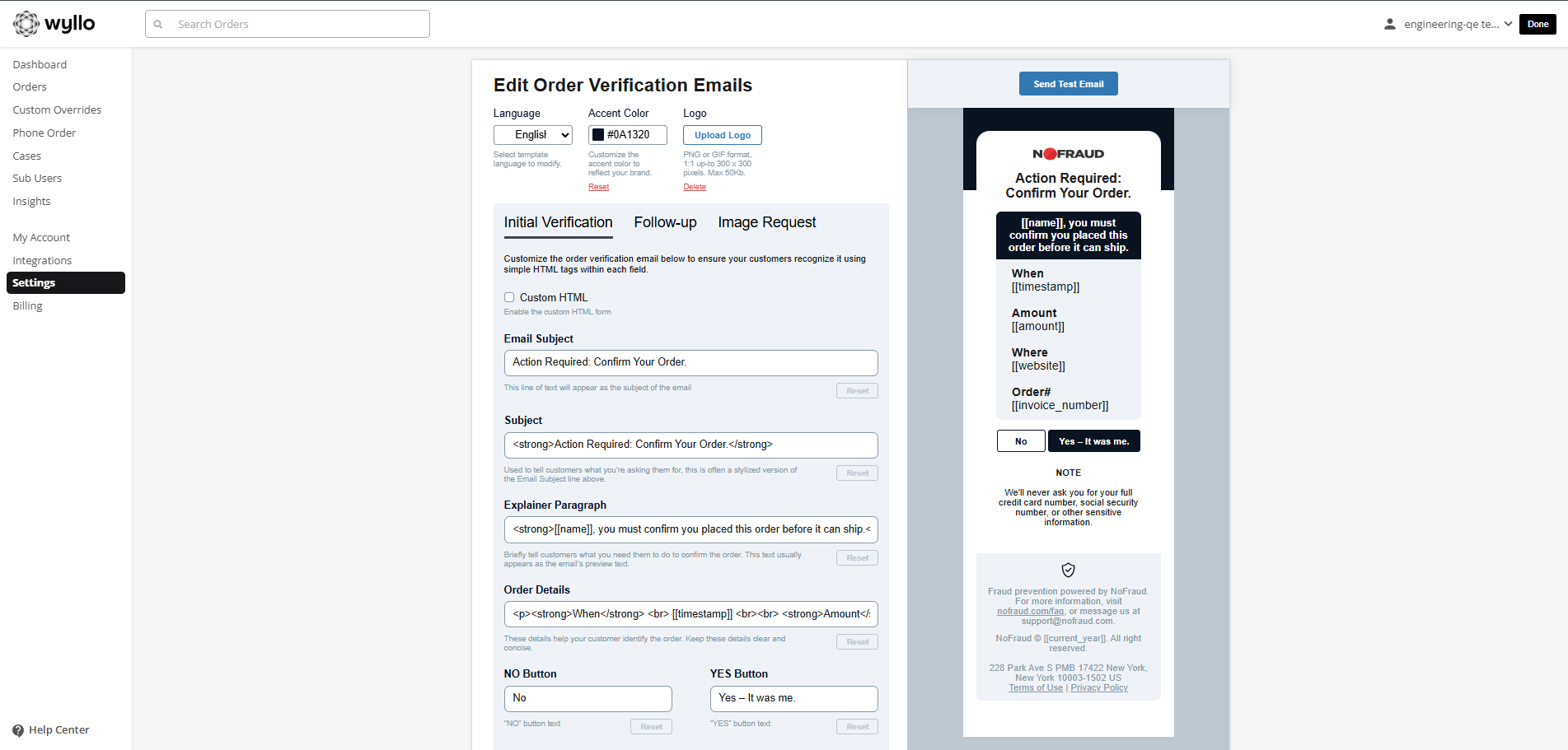 How do I use Custom HTML in Wyllo Order Verification Emails?